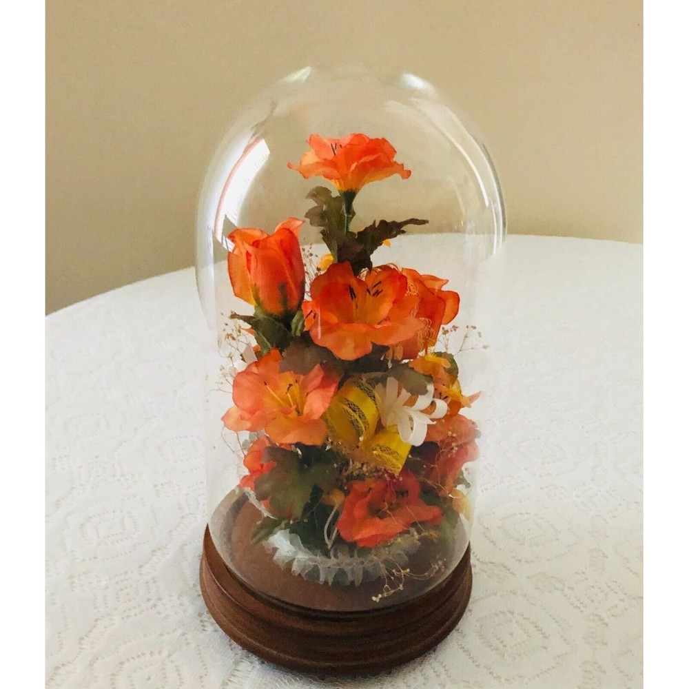 Vtg Silk Orange Roses Lace Ribbon Footed Wooden Glass Dome Conche 12"